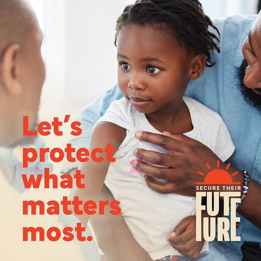 Social post of a toddler at the pediatrician that reads, "Let's protect what matters most"