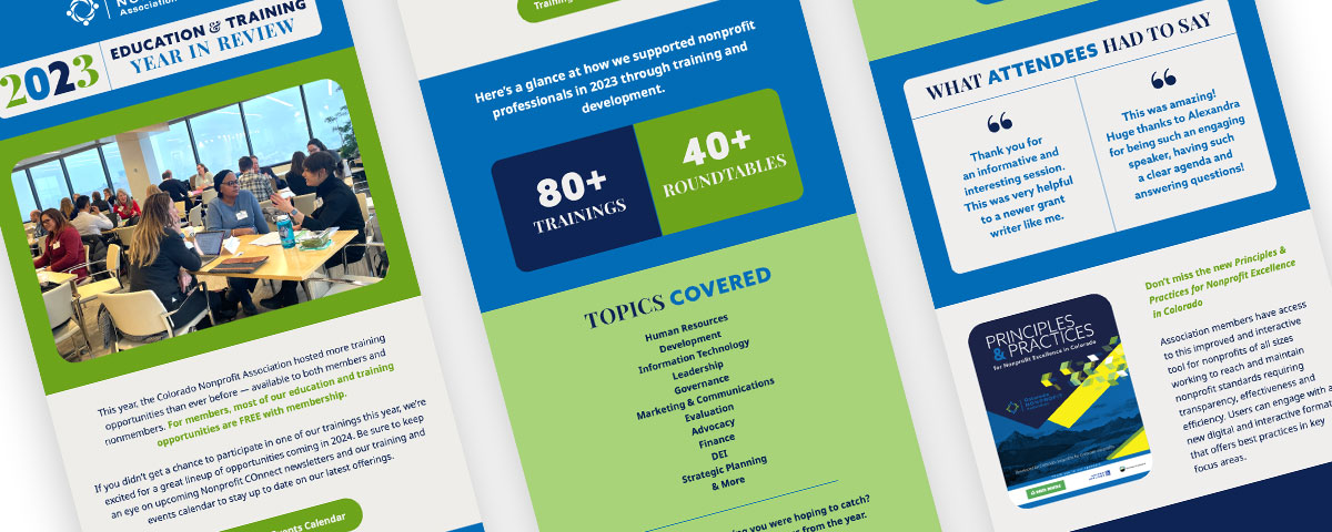 Screenshots lined up in a row of a sample email from the Colorado Nonprofit Association