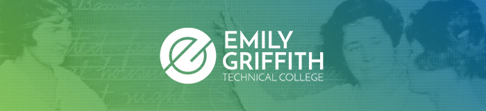 An EGTC email header featuring a green and blue gradient overlay on a historical photo of Emily Griffith