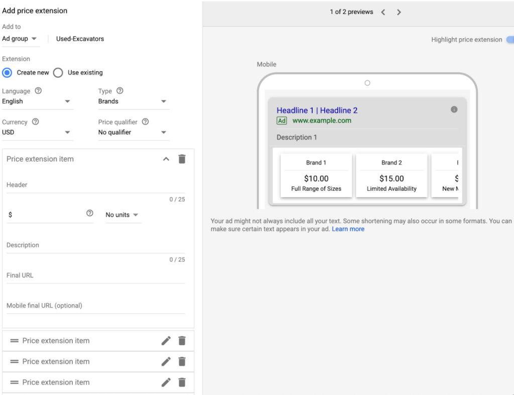 How To Create Price Extensions Google Ad Extensions