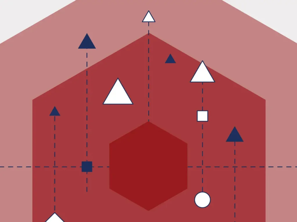 A geometric pattern of hexagons, lines and arrows pointing up