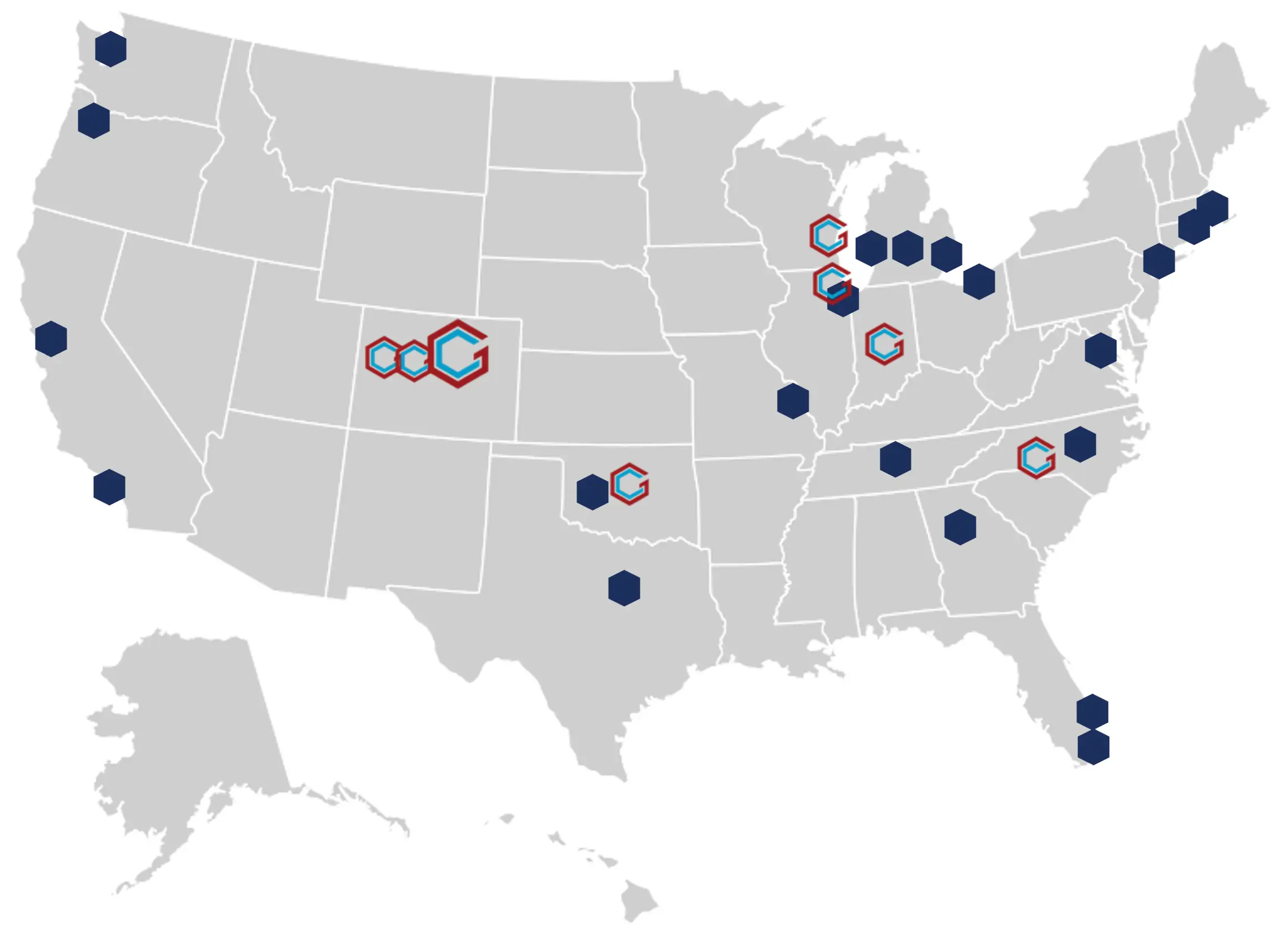 A map of the US with GroundFloor Media logo icons on cities where we have team members and offices. Blue hexagons are placed where we have PROI agency partners