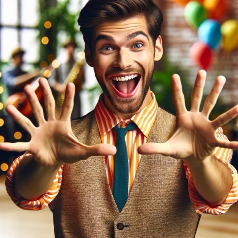 AI generated image of a human man smiling maniacally, displaying his six fingered hands to the viewer