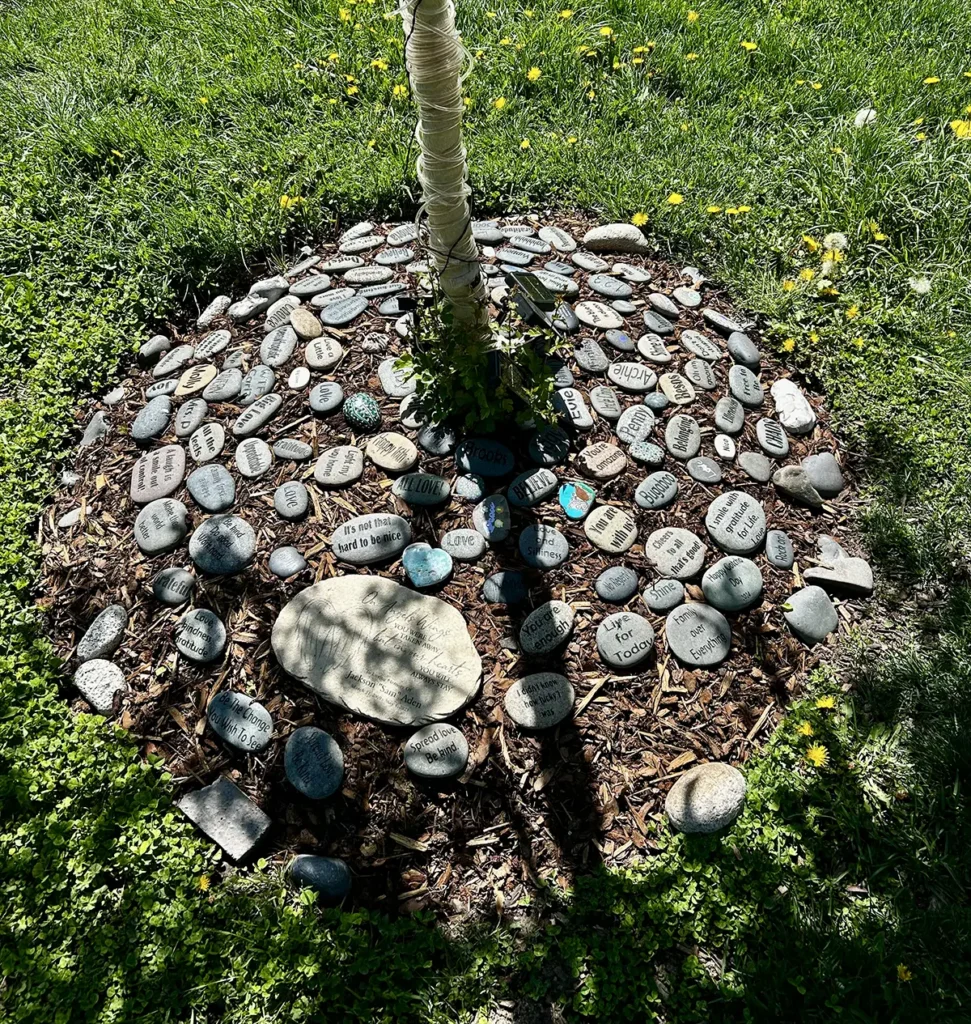The foot of Sam's tree, decorated with motivational stones placed there by friends and family