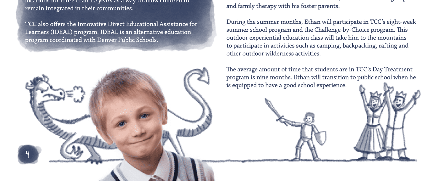 A page from the Tennyson Center annual report shows a boy surrounded by fairy tale drawings